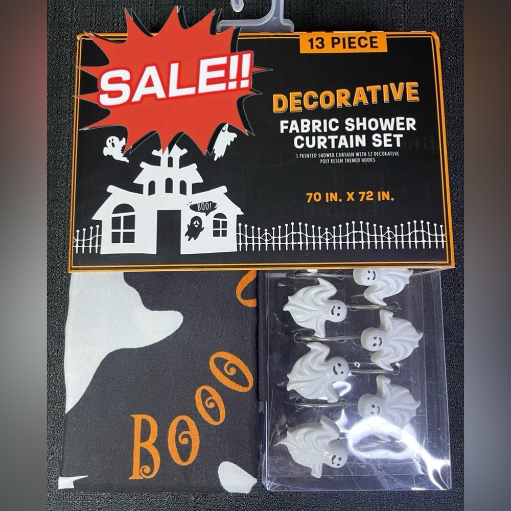 13-pc Halloween Fabric Shower Curtain Set w/12 Ghost Hooks Black White NWT